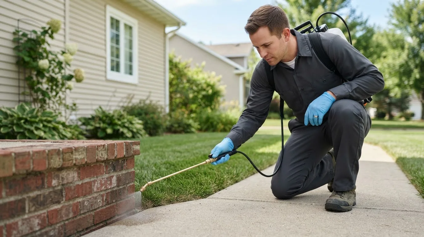 Pest control technician treating a home near Mequon, WI